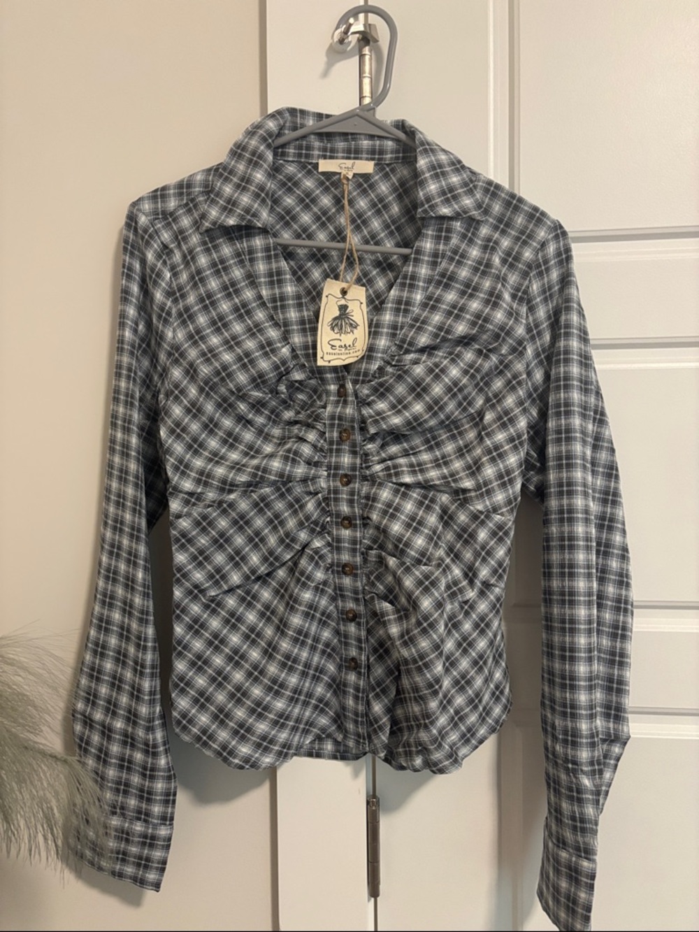 NWT Plaid Ruched Button-Up Top Size Small | Y2K Grunge Cottagecore